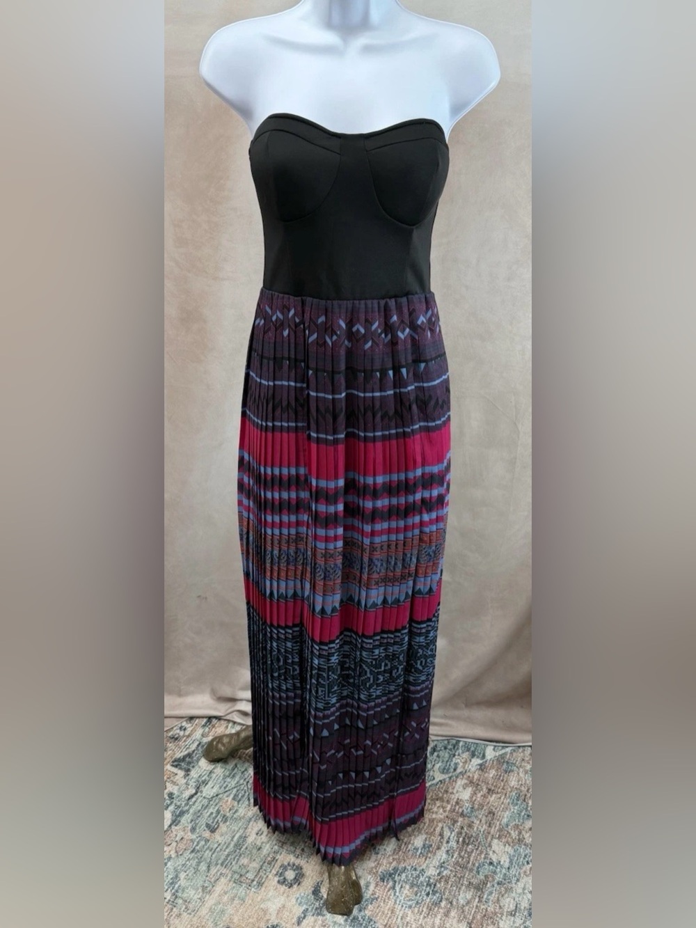 Sans Souci Black Corset Strapless MaxiDress w/Jewel Tone Pleated Skirt Size M